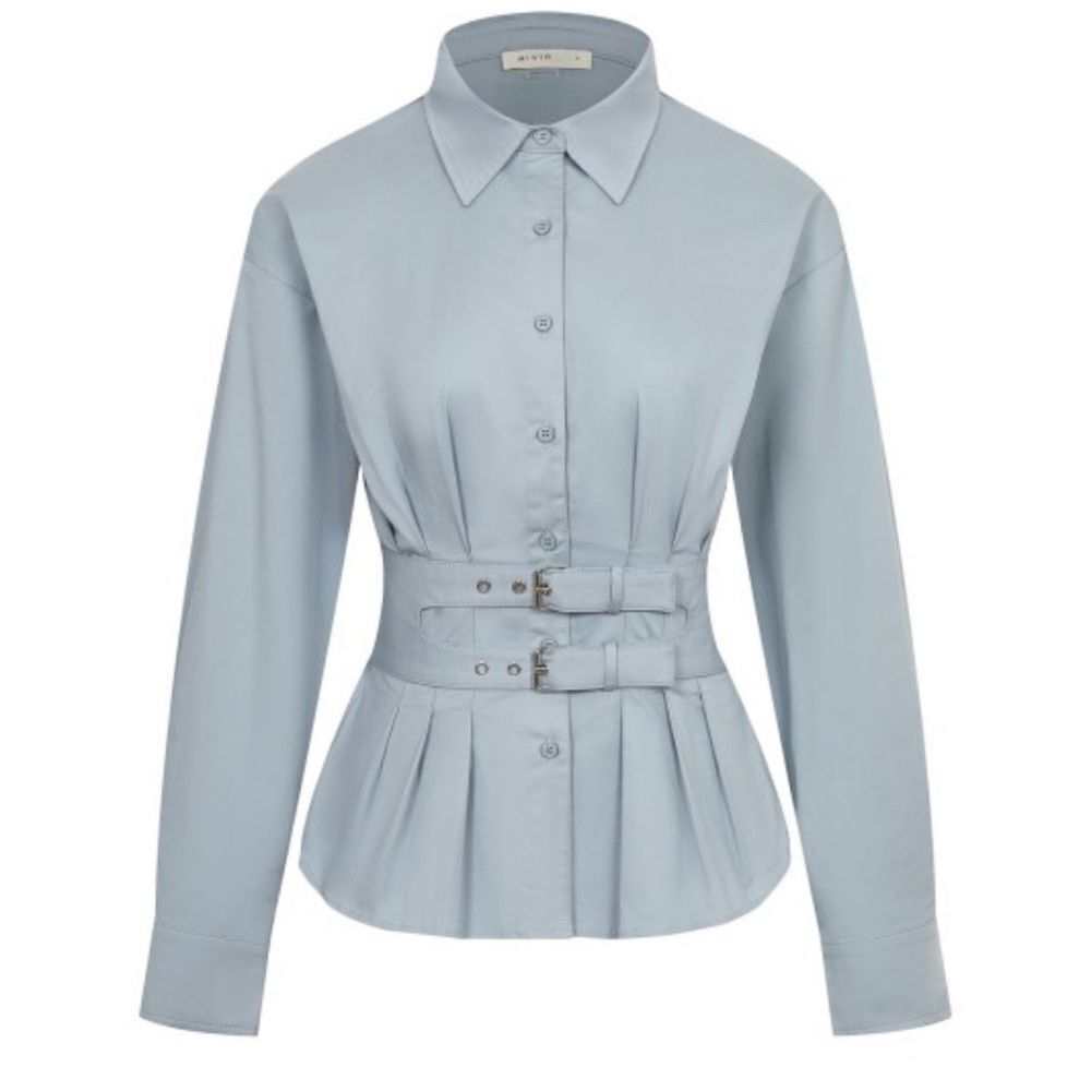927. Sky Blue Double-Belted Button Down Shirt